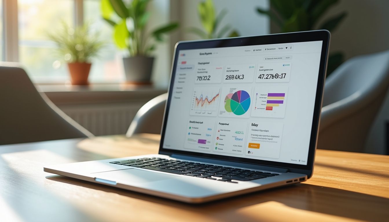 A laptop displays an email marketing dashboard on a wooden desk.
