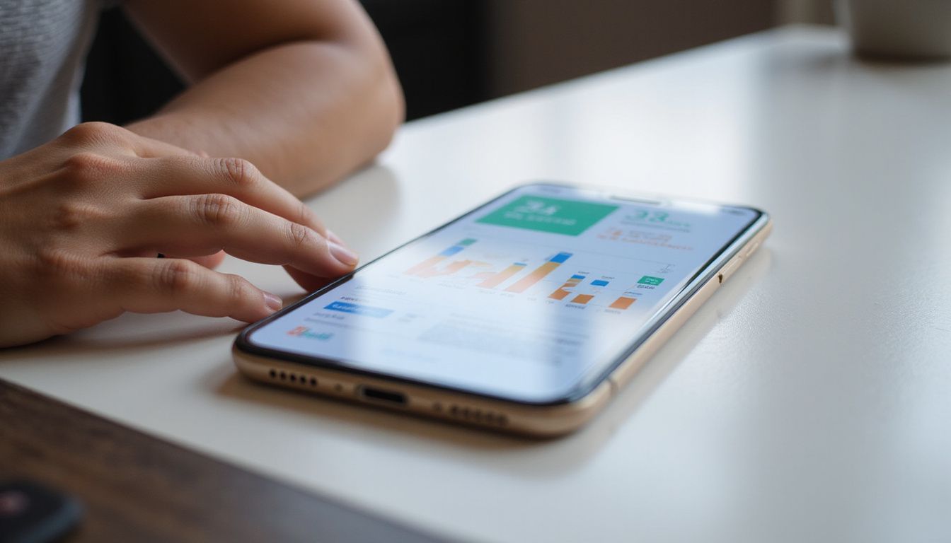 A smartphone displaying a vibrant infographic on a white desk.