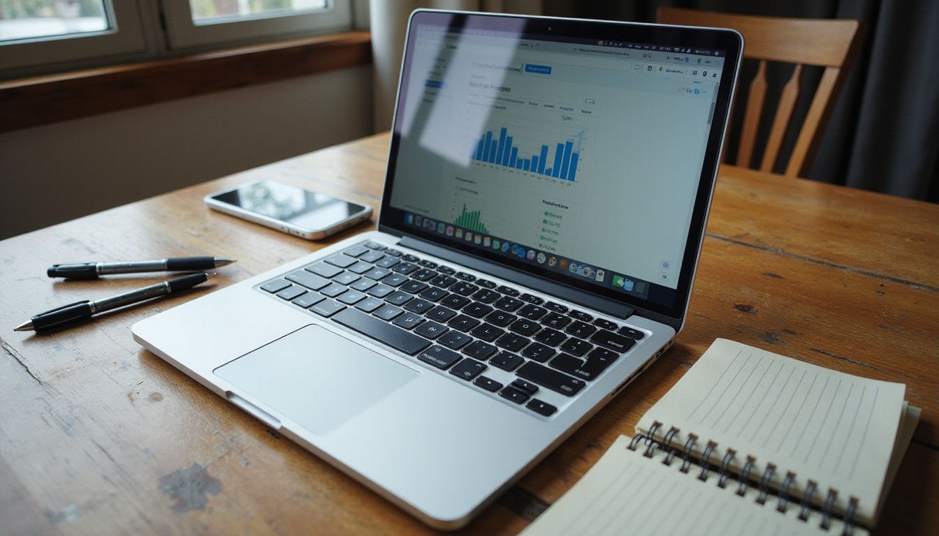 A silver laptop displays an email campaign dashboard on a wooden desk.