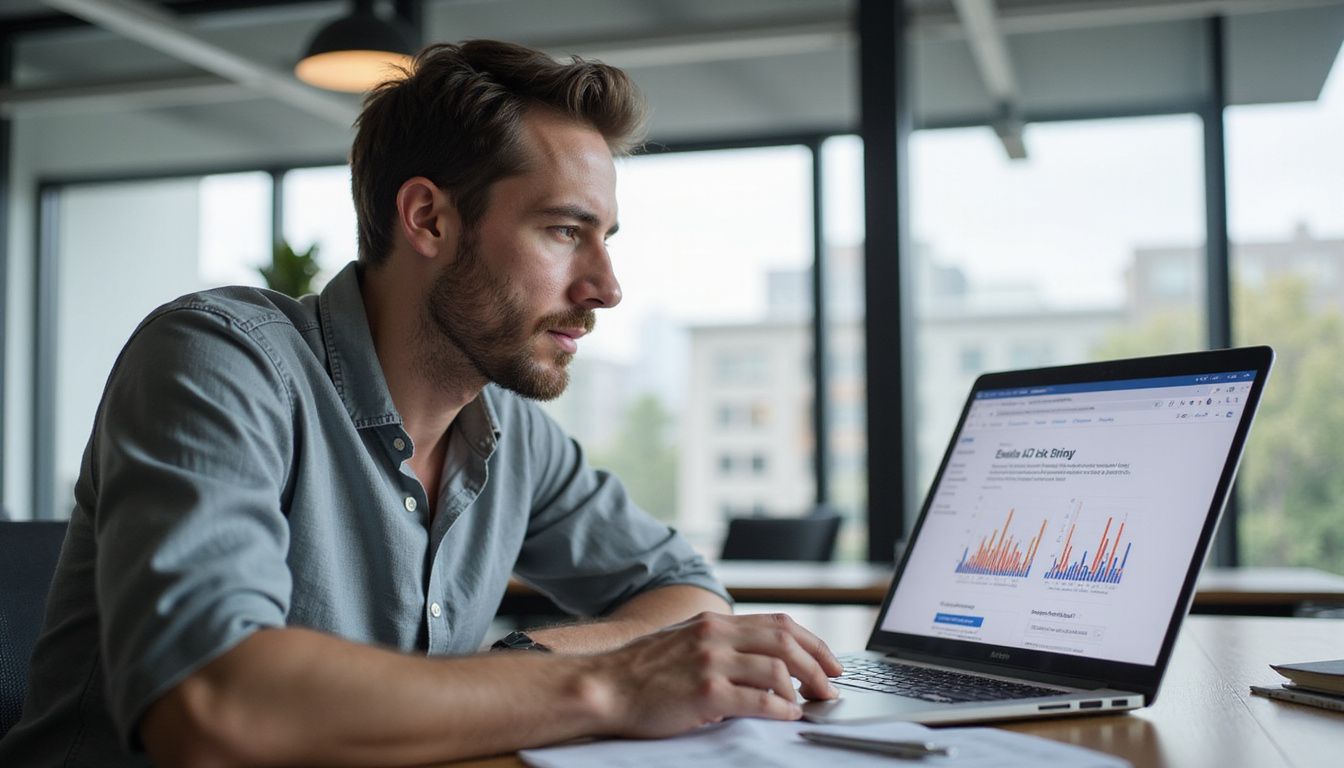 A focused man analyses email A/B test results at a modern desk.