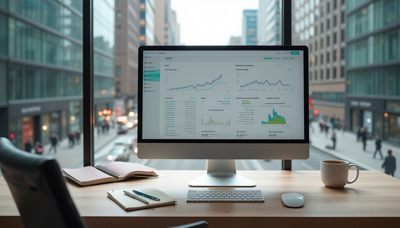 A modern office desk displays a Pipedrive dashboard amidst urban views.
