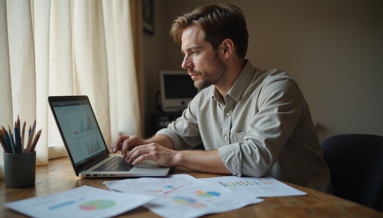 A focused man analyses performance metrics on his laptop in a home office.
