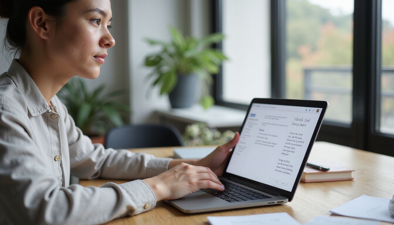 A focused individual types at a minimalist oak desk.