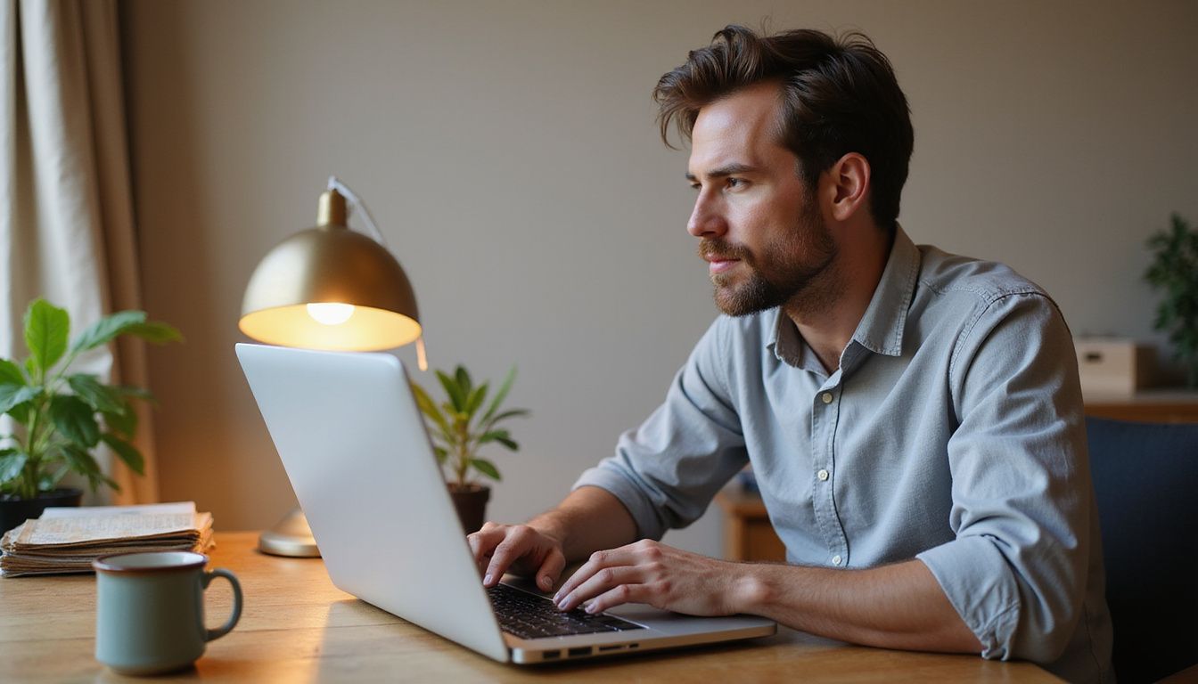 A man focused on his laptop in a home office.