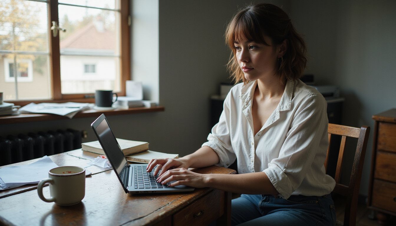 A focused woman works at a cluttered home office desk.
