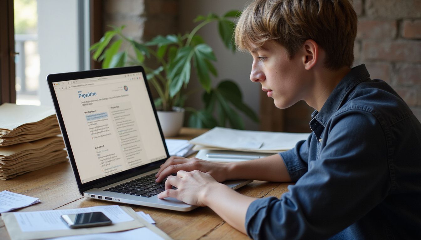 A young person engages with Pipedrive on a cluttered desk.
