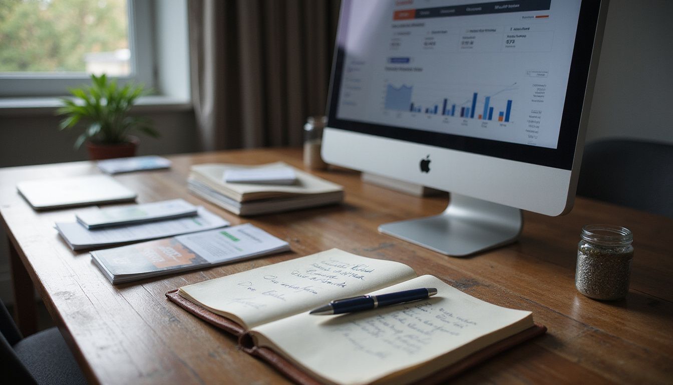 Organised workspace featuring a computer, notepad, and marketing materials.