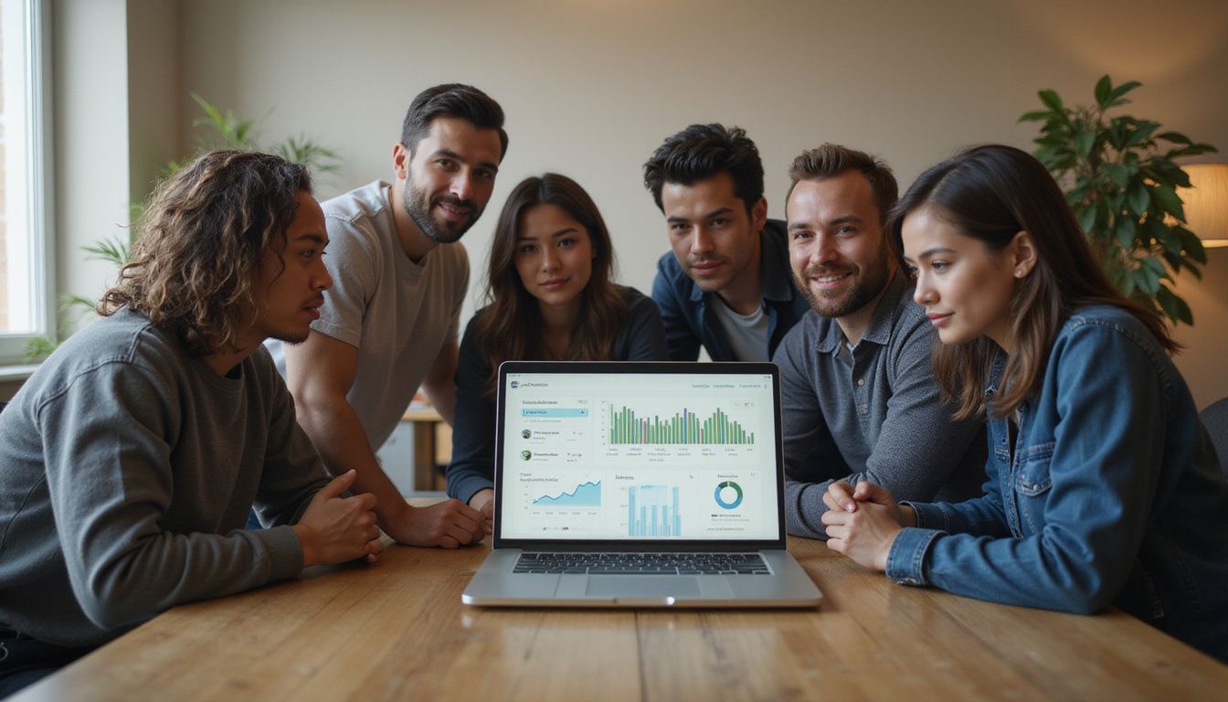 A diverse group collaborates around a laptop in a modern office.