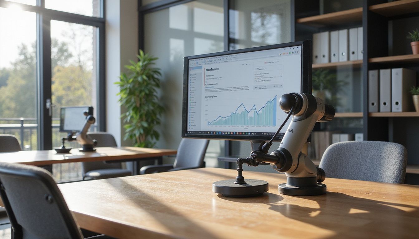 A modern office featuring advanced technology and minimalist design elements.