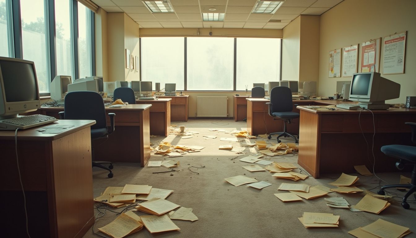 A disorganised, empty office filled with dust and worn furnishings.