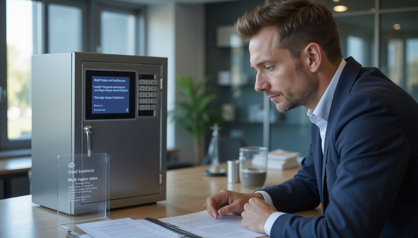 A modern secure credential vault within a professional office environment.