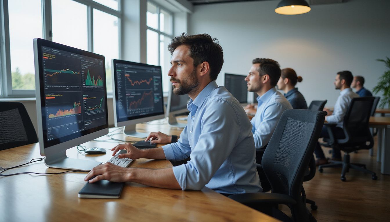 A modern office scene with professionals engaged in data analysis.