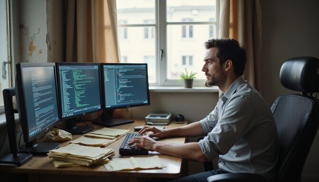 A technician focused on RPA workflows amidst a cluttered office.