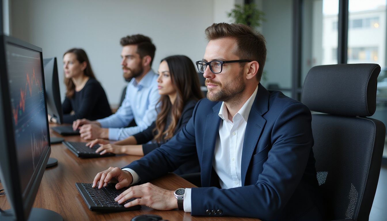 Professionals collaborate around monitors, analysing dynamic operational risk data.