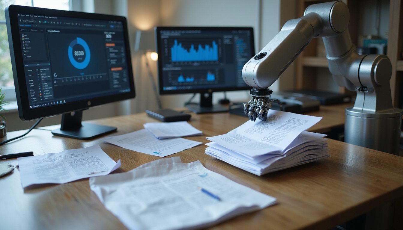 A cluttered office desk features a computer, robotic arm, and documents.