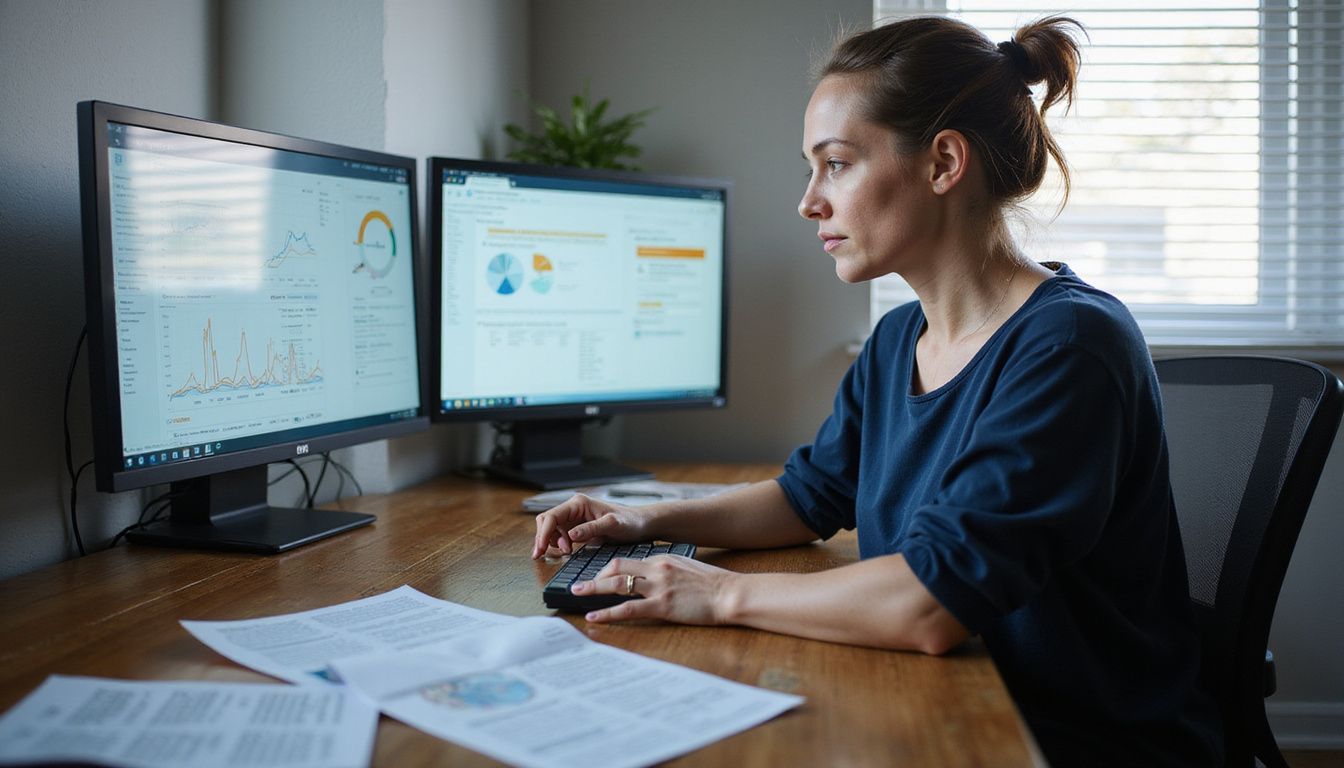 A focused woman reviews data dashboards at her office desk.