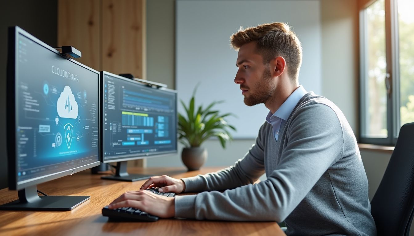 A man works intently at a modern office desk with multiple monitors.