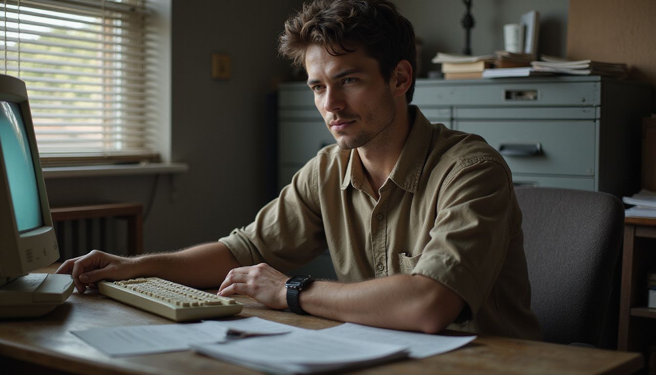 An IT professional at a cluttered desk working intently.