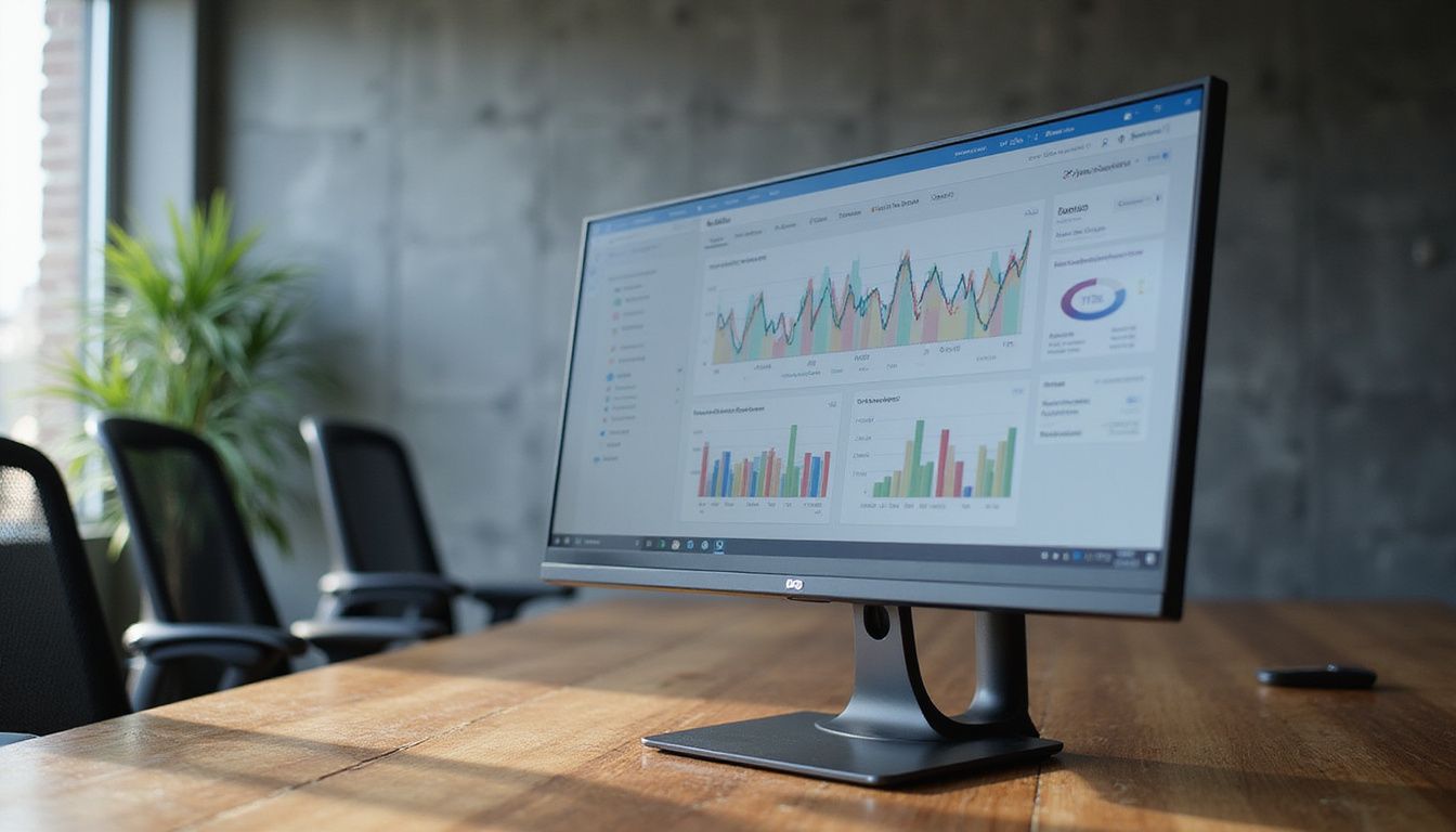 A sleek digital dashboard displays vibrant analytics on a walnut desk.