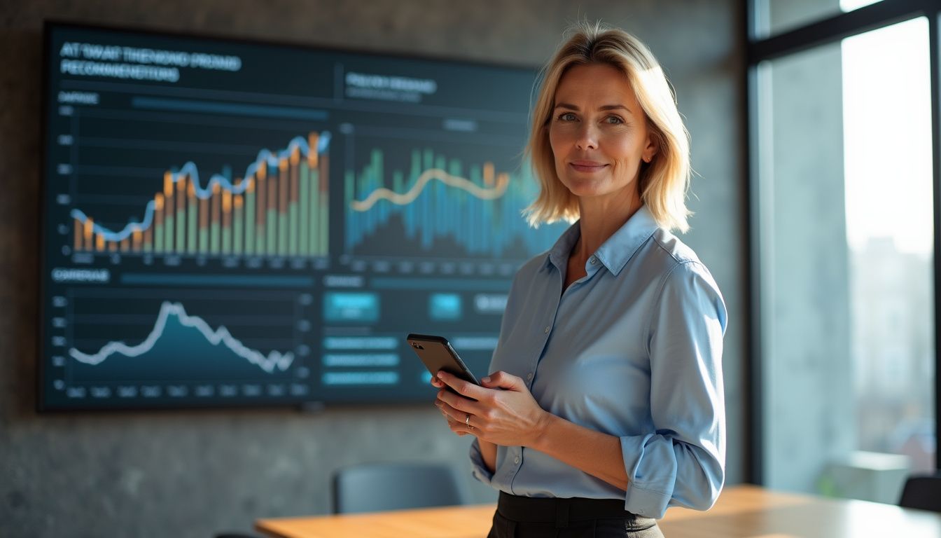 A middle-aged woman engages with technology in a modern office setting.