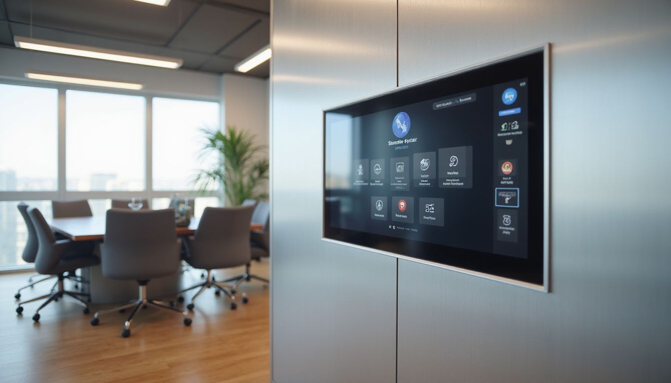 A sleek digital self-service portal in a modern office setting.