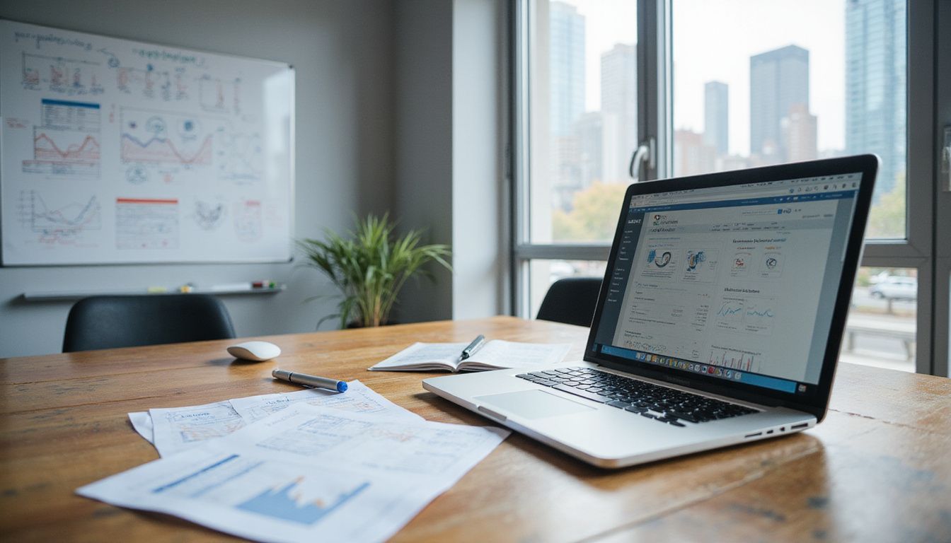 A bustling workspace featuring a laptop, notes, and city views.