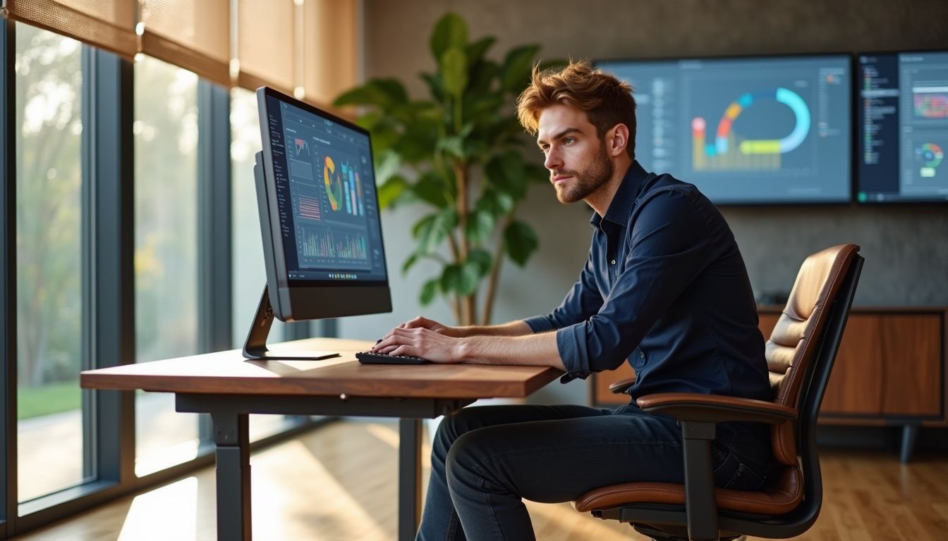 A modern office featuring advanced technology and a focused professional.