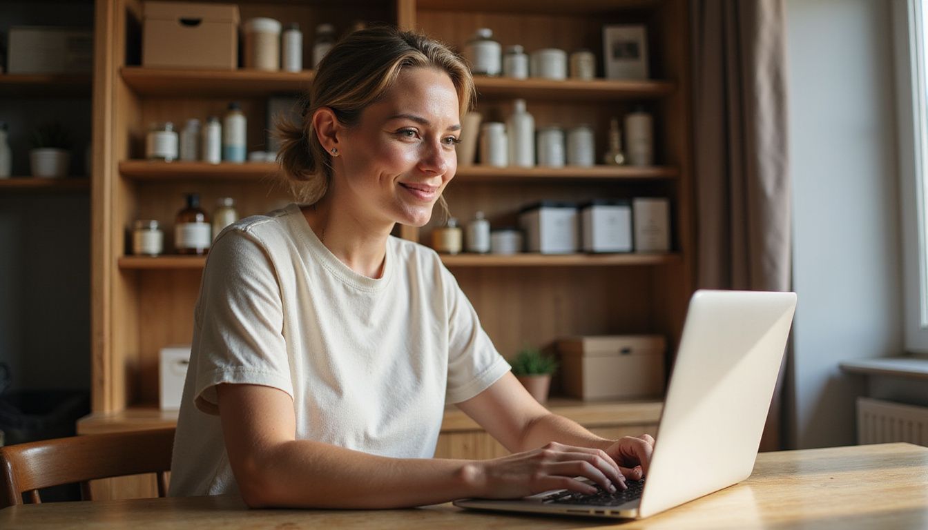 A woman focuses on personalised online shopping in a cosy home office.