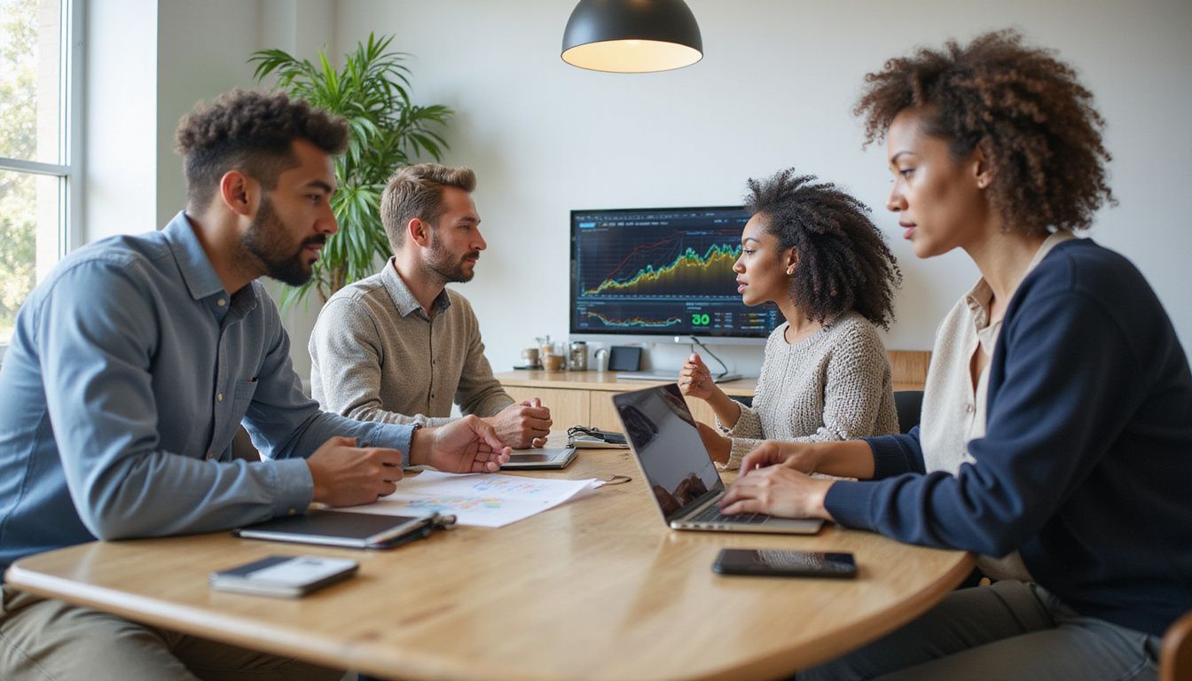 A professional team collaborates around a conference table with digital displays.