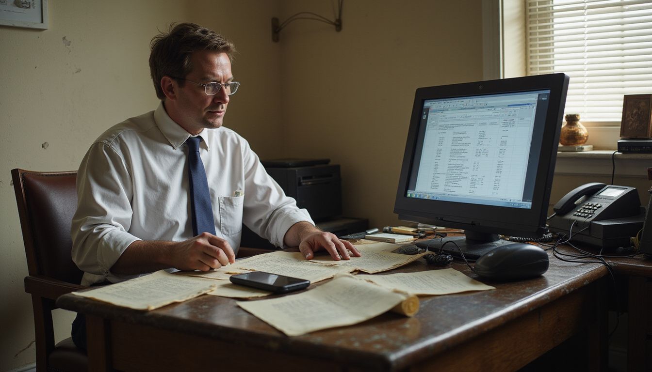 A middle-aged man focuses on work amidst outdated office technology.
