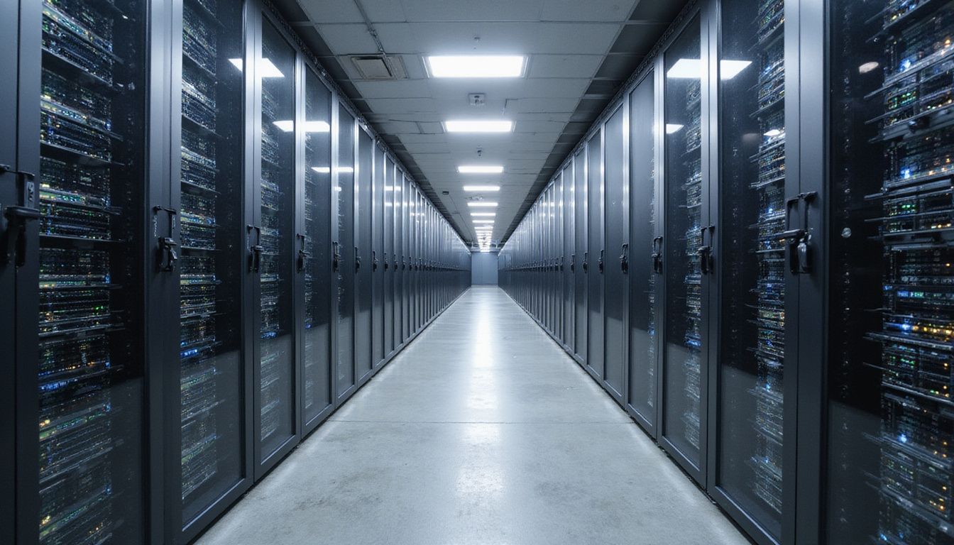 A well-organised server room filled with network security appliances and cables.