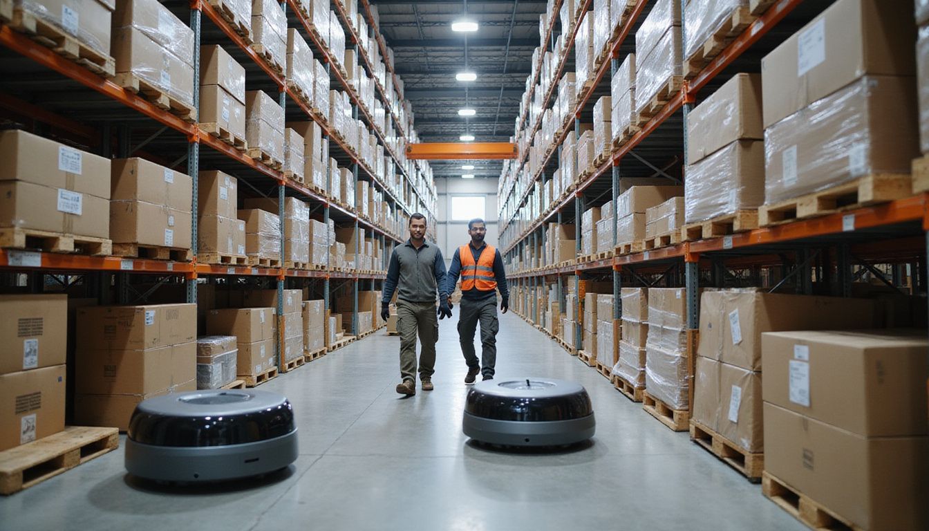 A modern warehouse blends automated robots with efficient human workers.