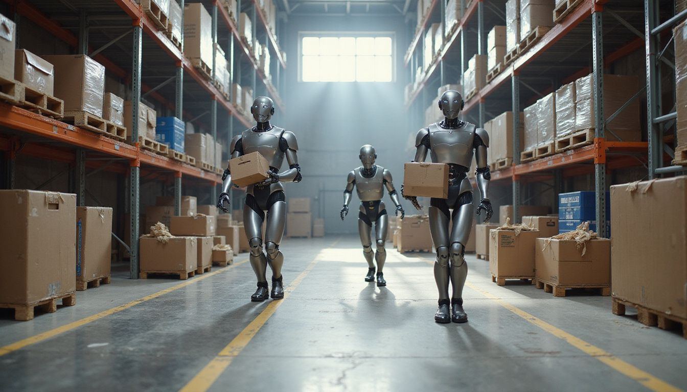 Industrial warehouse with AI robots efficiently handling packages on shelves.