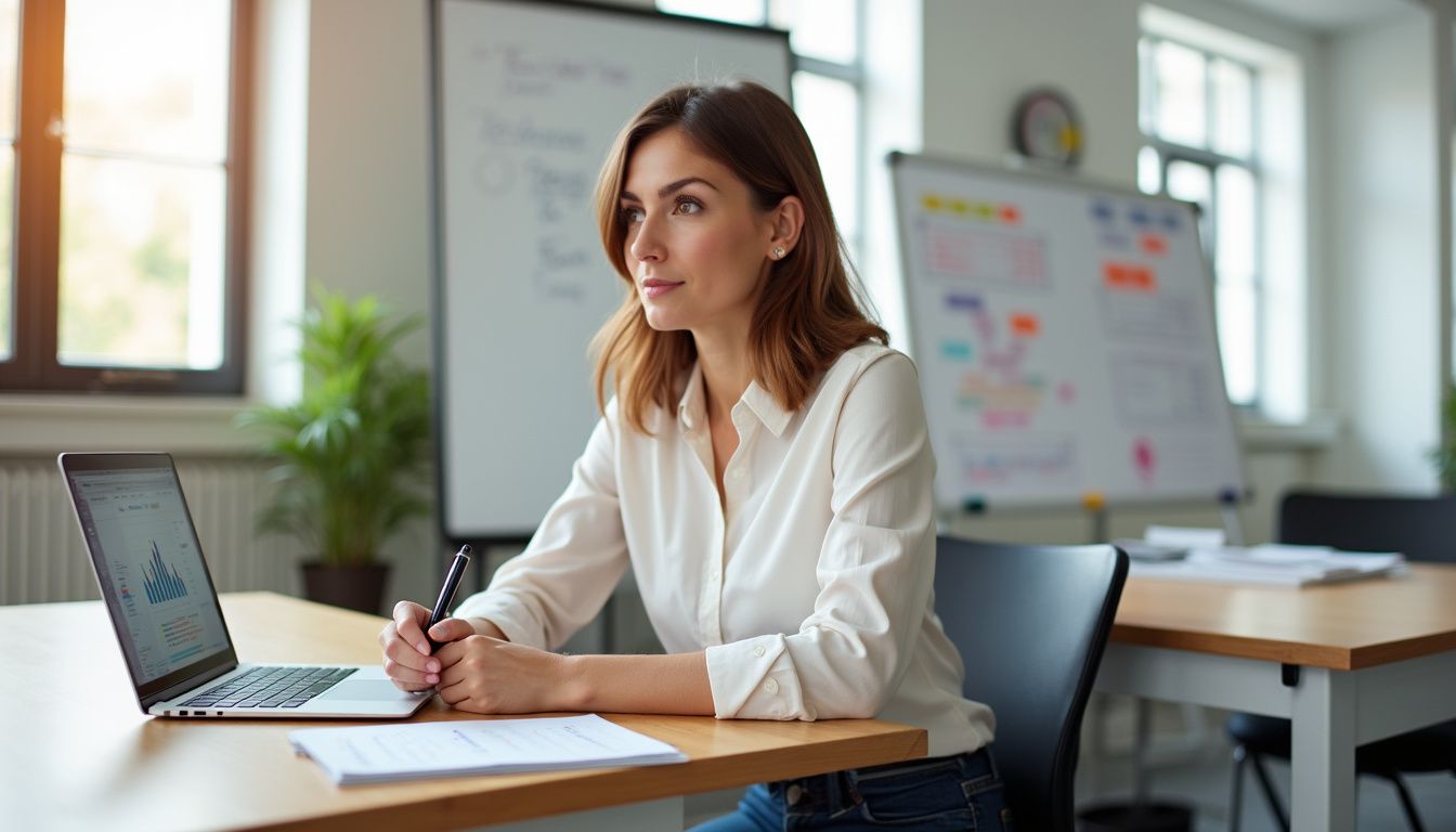 A focused woman participates in a Pipedrive workshop in a modern office.