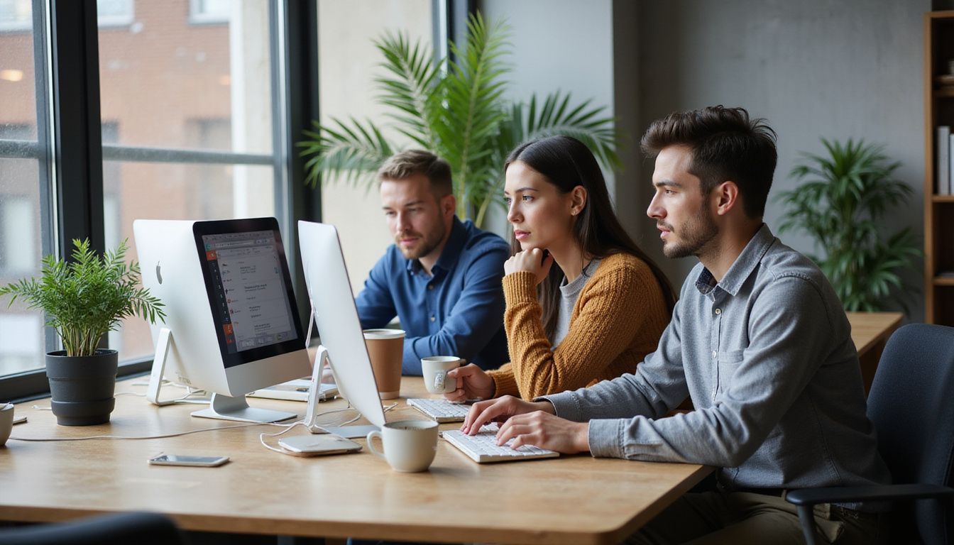 A sales team collaborates focusedly in a modern office space.