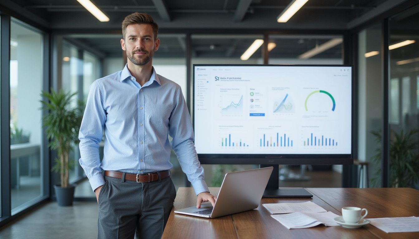 A confident man in a contemporary office, focused on performance metrics.