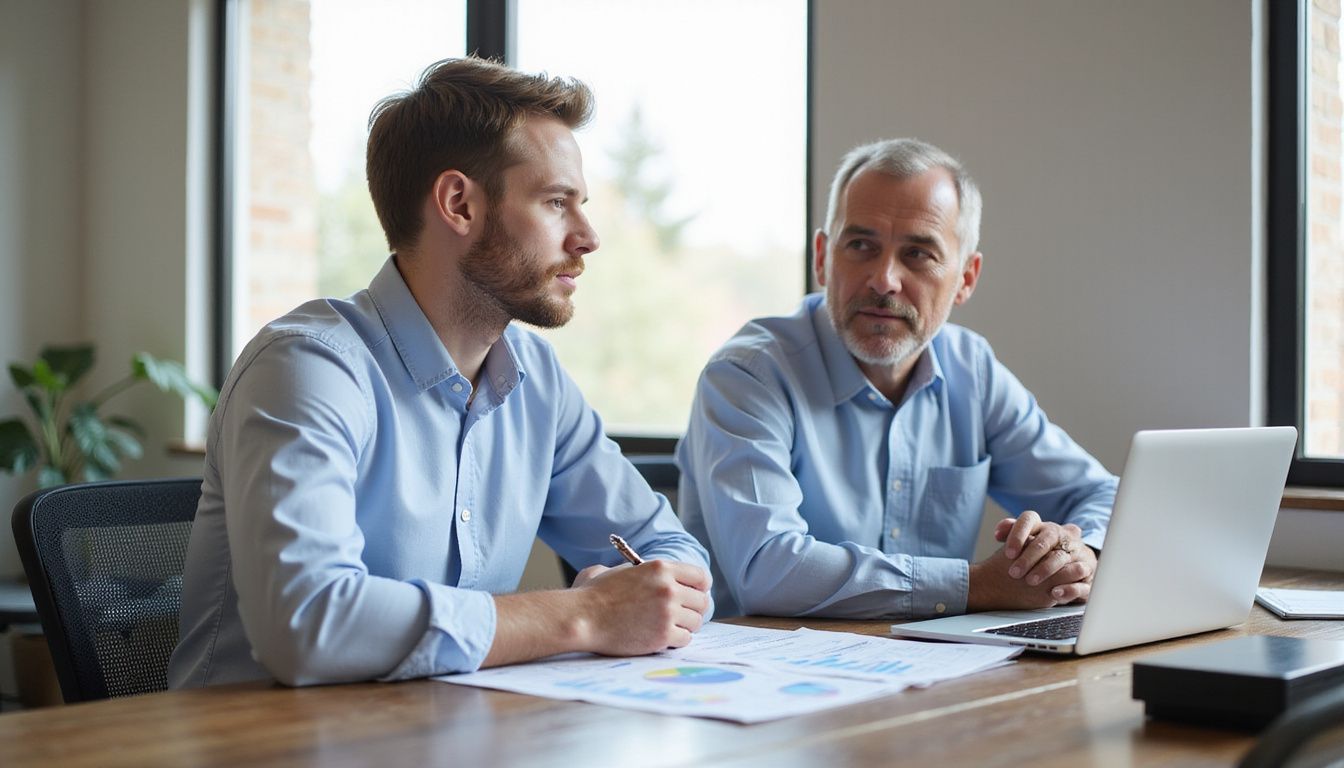 A young man attentively listens to an older colleague in a modern office.