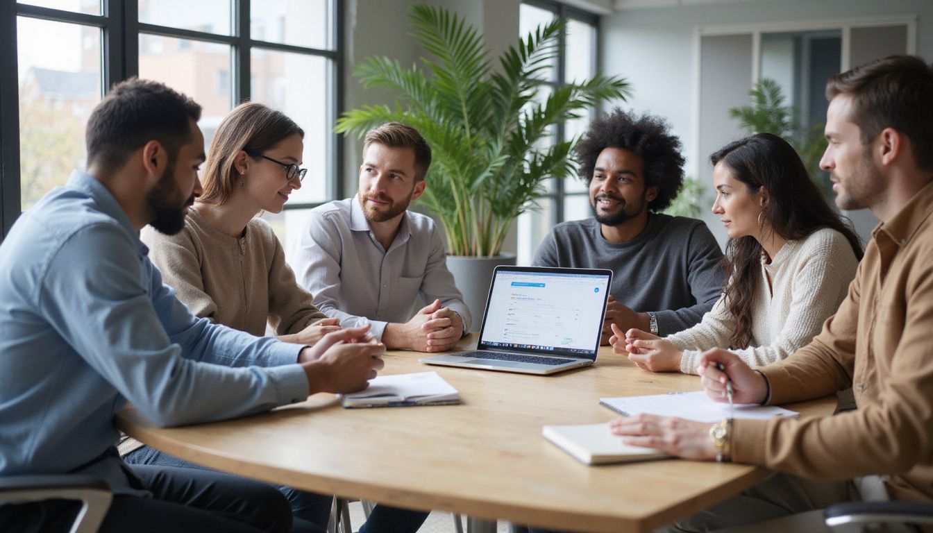 A diverse group collaborates in a training session on CRM mastery.
