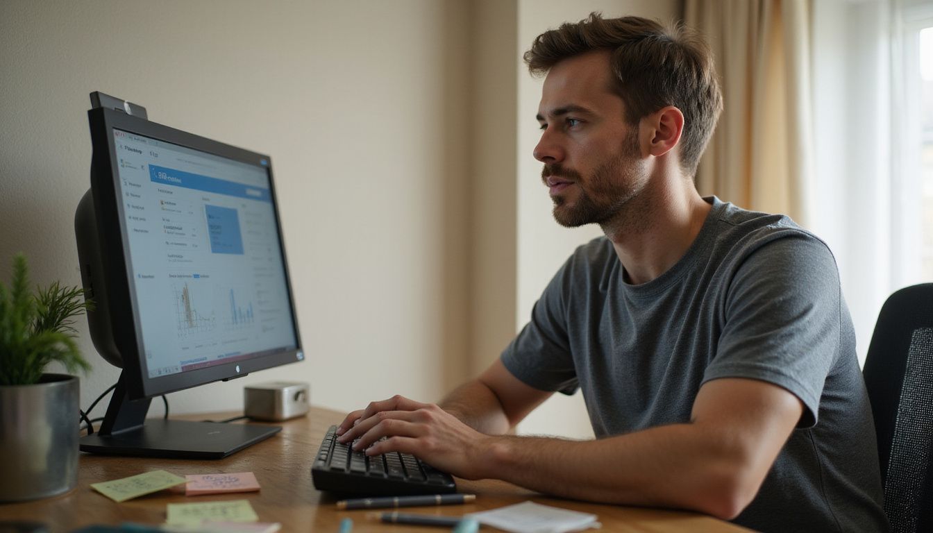 A man focused on work at a cluttered wooden desk.