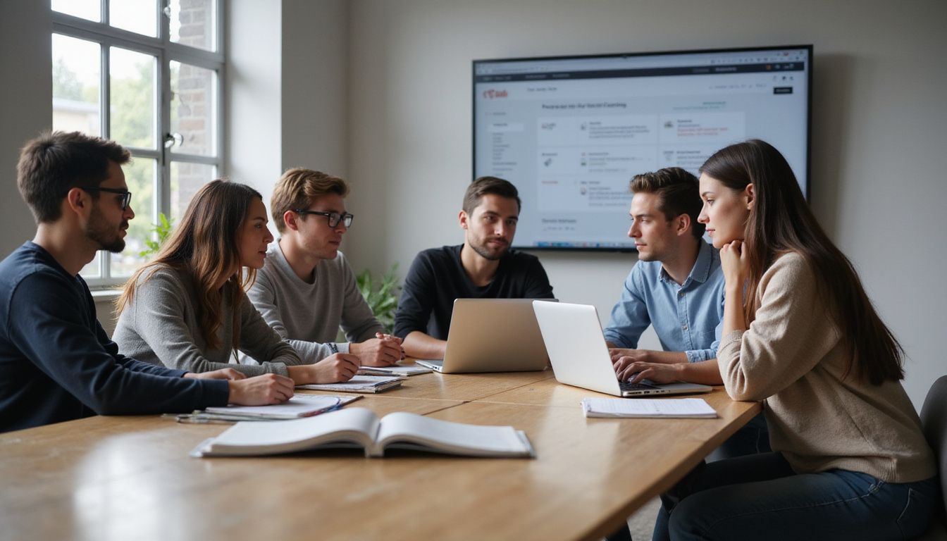 A diverse group of young professionals collaborates in a modern office.