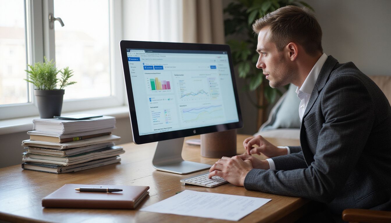 A focused individual works at a tidy, well-organised home office.