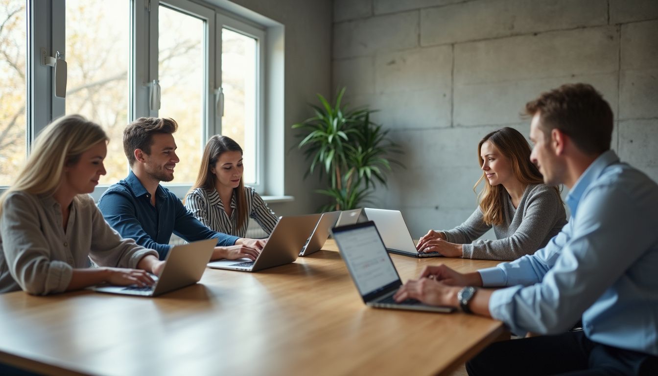 Five professionals engaged in collaborative skill development around a conference table.