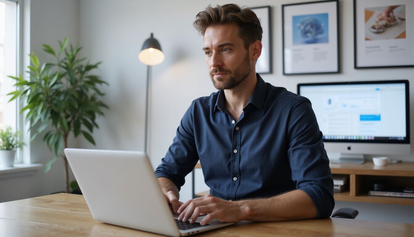 A focused man engages with online training at a minimalist desk.