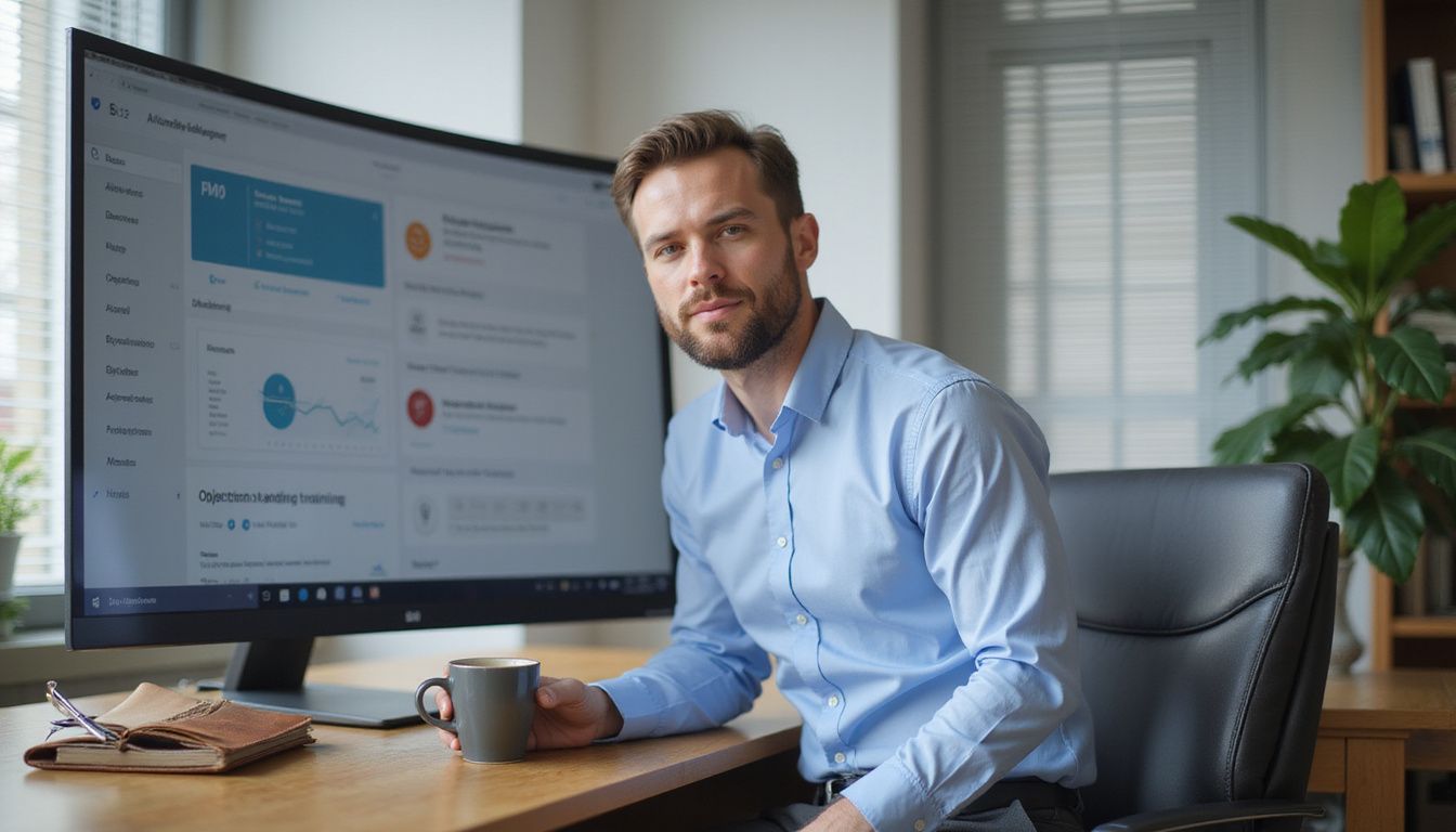 A focused sales representative engages in objection handling training at their desk.