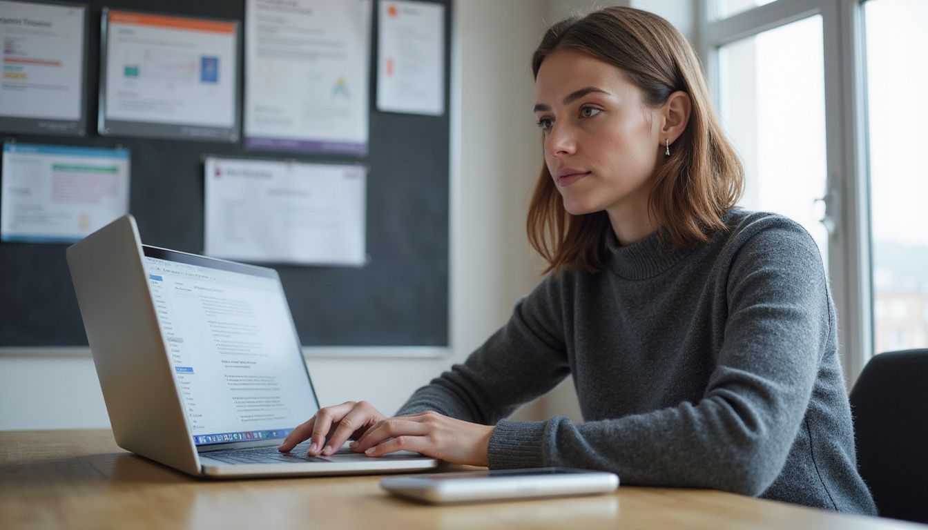 A focused woman works at a modern office desk with technology.