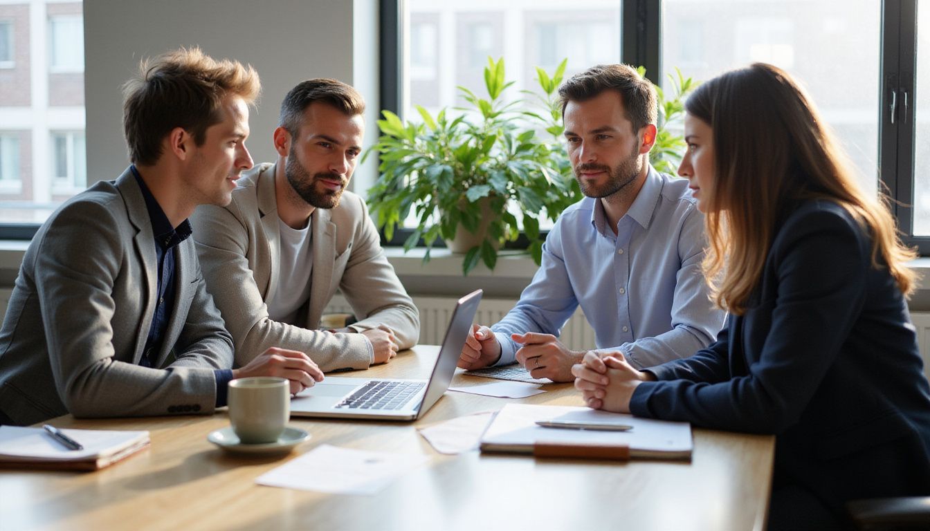 Four professionals collaborate intently over strategy discussions at a conference table.