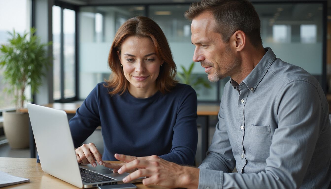 A diverse team collaborates in a modern office workspace.
