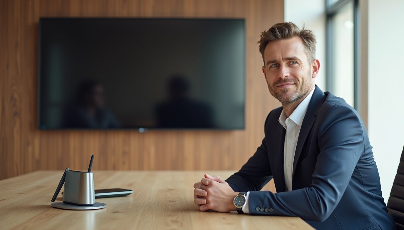 A contemporary conference room featuring advanced technology and a thoughtful man. A contemporary conference room featuring advanced technology and a thoughtful man.