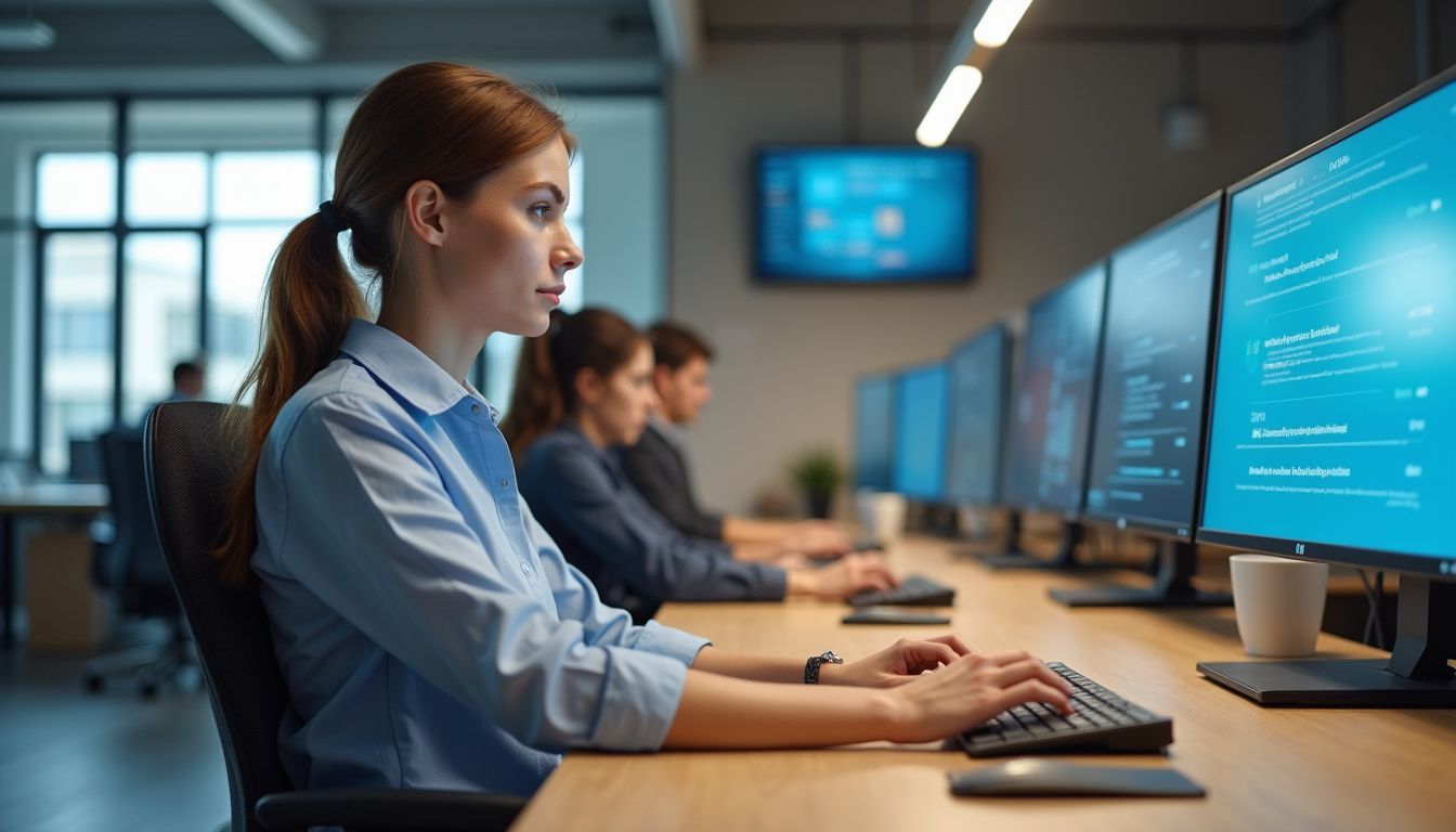 A focused woman works at a modern office desk with colleagues. A focused woman works at a modern office desk with colleagues.