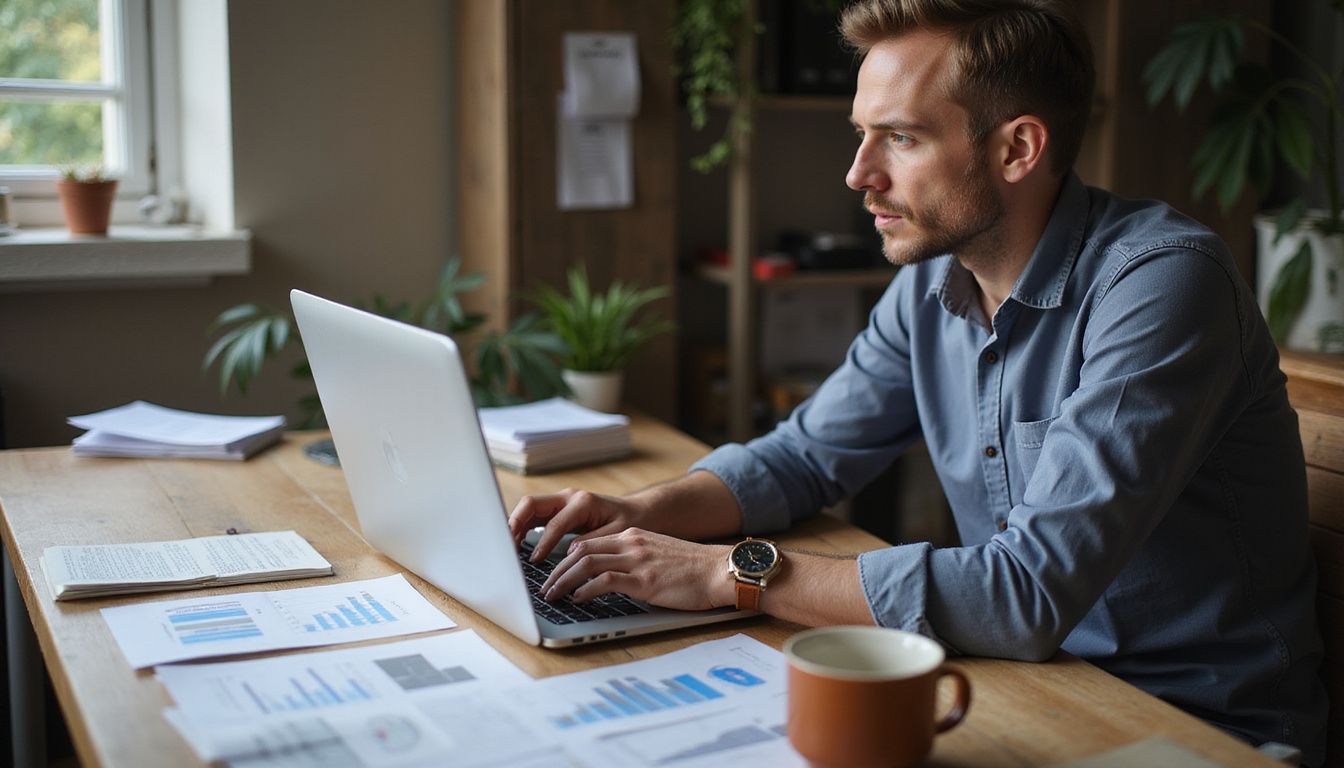 Small business owner focused on financial management at a wooden desk. Small business owner focused on financial management at a wooden desk.